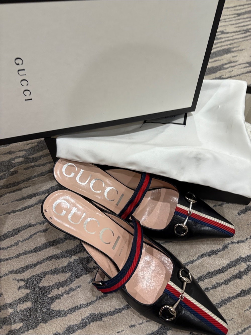 Gucci Sylvie Horsebit Slingback Pump Mule Black Web Stripe Mid Heel - Picture 11 of 15